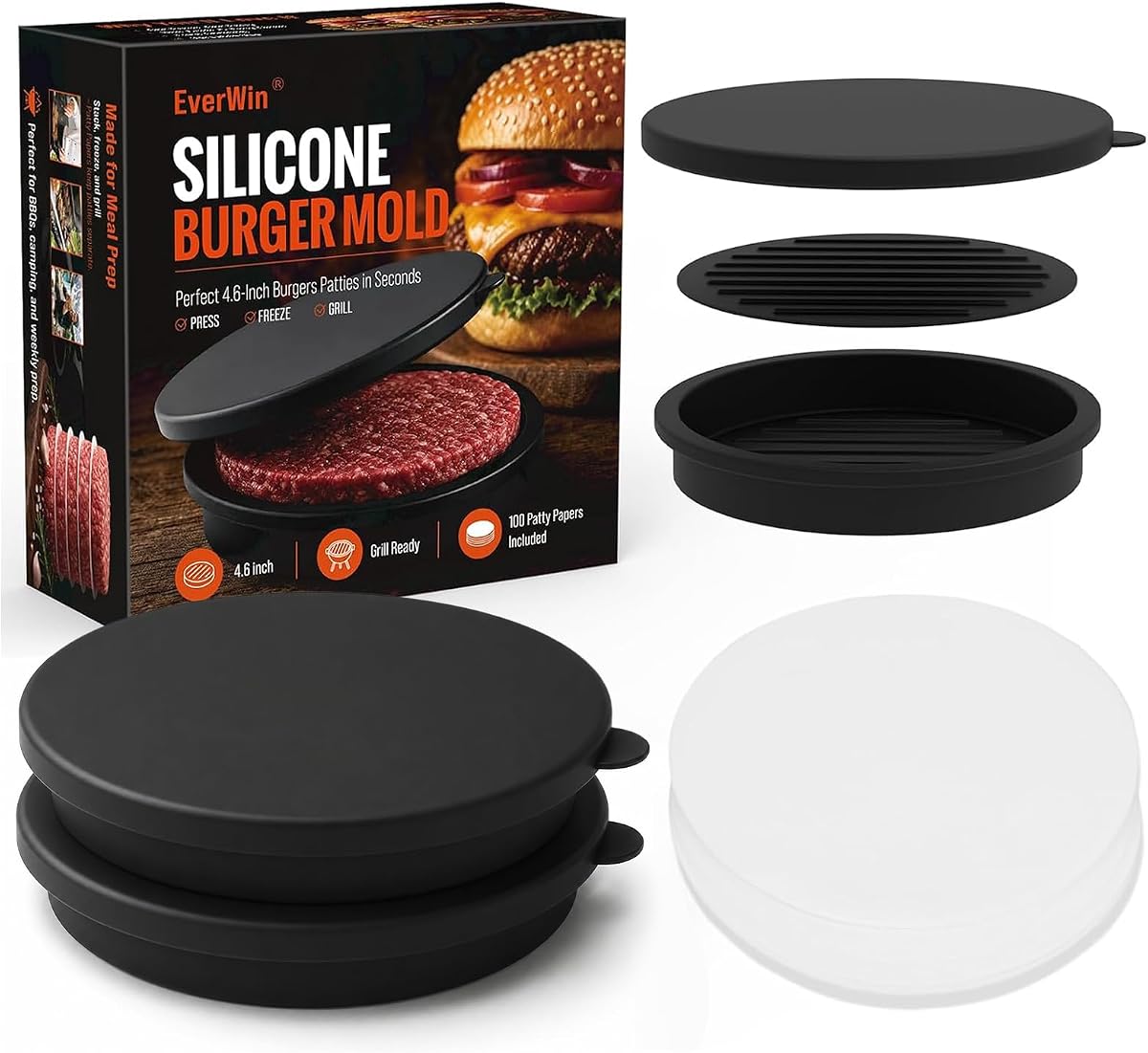 Juego para hacer hamburguesas con prensa para hamburguesas, se adapta a panecillos de hamburguesa regulares, molde de 4,6 pulgadas para hamburguesas de 1/3 lb, con tapas, placas de prensa y 100 papeles – Almacenamiento en el congelador, apto para lavavajillas (negro (paquete de 2)) | Sin manos pegajosas · Se despliega congelado fácilmente · Cubre panecillos enteros · Las tapas se sellan y se almacenan frescas