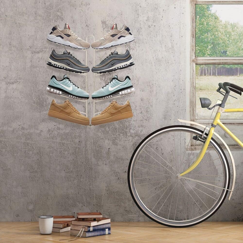 mDesign Modern Metal Shoe Display & Storage Rack - Perfect for Sneaker Heads - Store Your Collection of Kicks - 4 Tier, Wall Mount - Satin