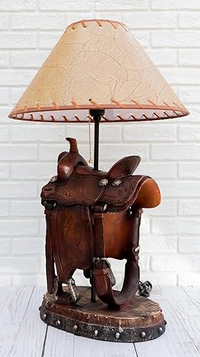 Miniatura 8 de Ebros Gift Sillín de caballo vaquero rústico del suroeste de cuero sintético con conchos y hebillas, lámpara de mesa de escritorio de resina con