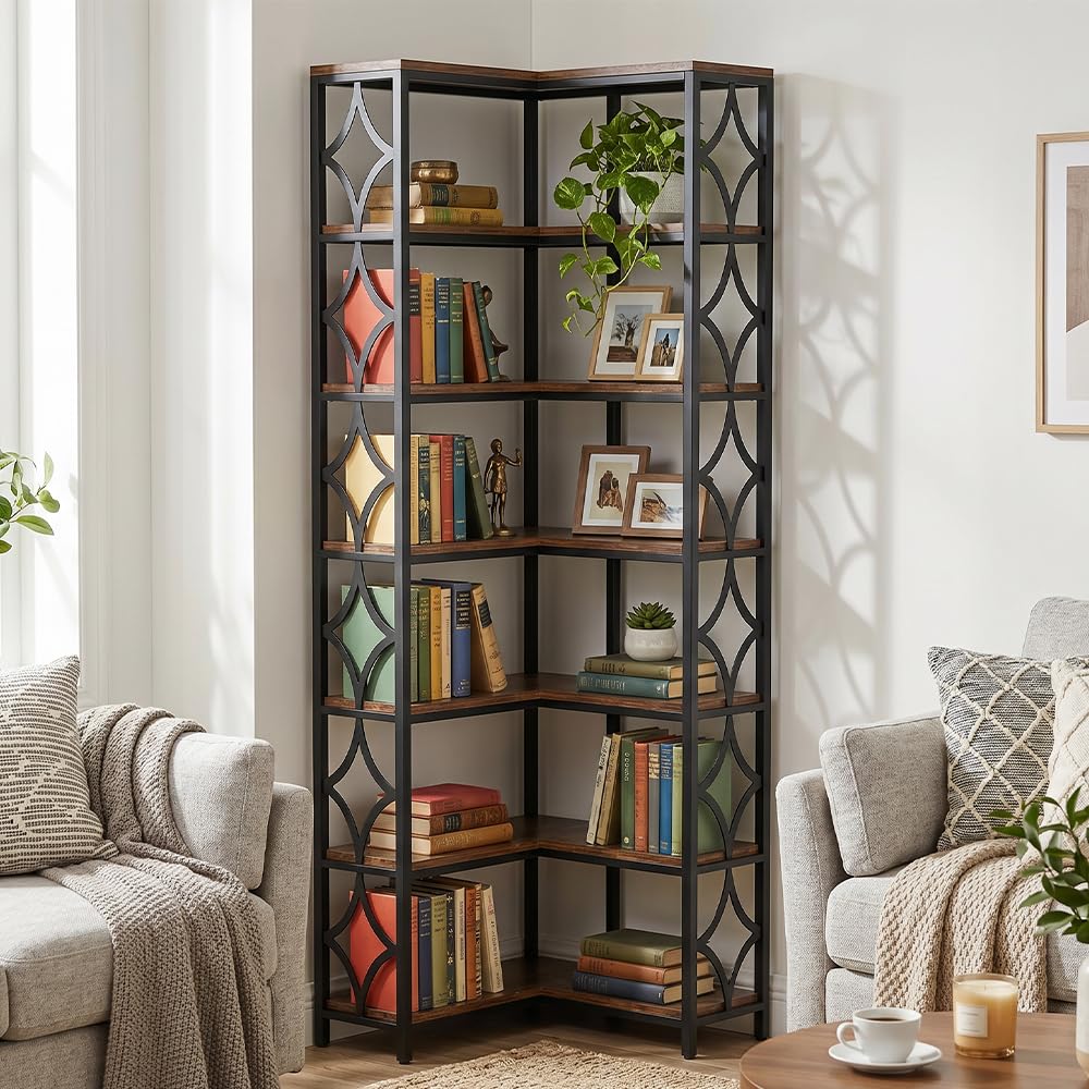 7 Ebenen Eck-Bücherregal Vintage, L-förmiges Regal, 200 cm Hoch, Industrielles Eckregal Stehend, Regal Holz Metall, Standregal für Wohnzimmer, Büro, küche, Schlafzimmer (Braun)