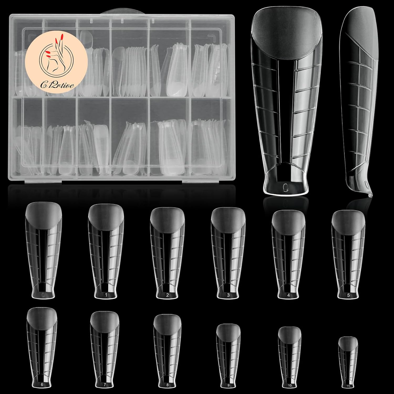 C12rtive 120 formas de uñas de polietileno de extensión en forma de T, moldes reutilizables de cobertura completa, 12 tamaños para pegamento de gel