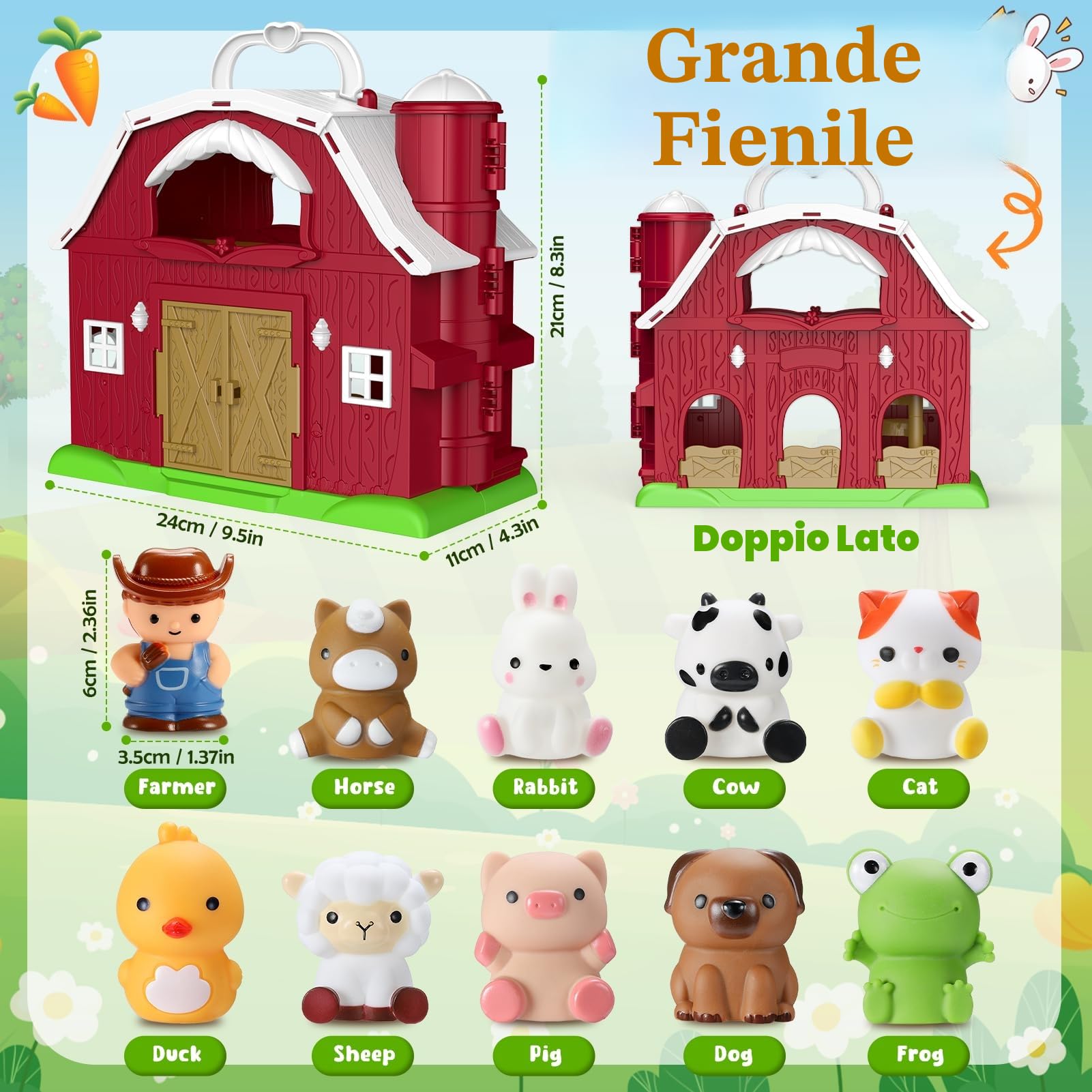 HappyKidsClub Giochi Fattoria Montessori per Bambini 1-4 Anni, Set Fienile Apribile con 9 Animali & Contadino - Giocattoli Educativo Portatile per Bambino - Idea Regalo Bambini 1 2 3 4 anni (Cartoon)