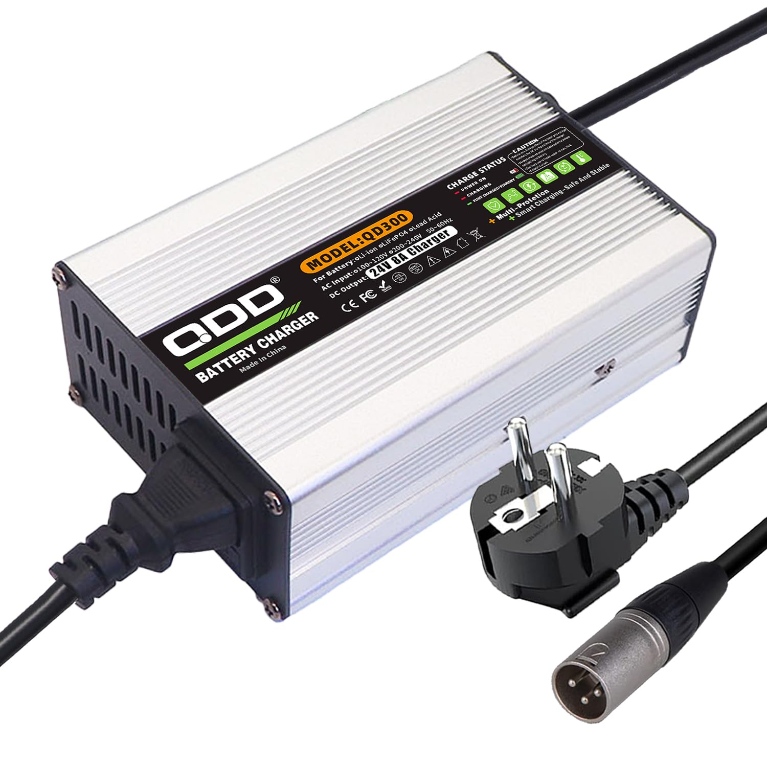 QDD Cargador de 24V 8 A Cargador de 27.6V de plomo-ácido para batería AGM-Gel-VRLA-OPZV de 24 V con conector XLR 1+2 de 3 polos