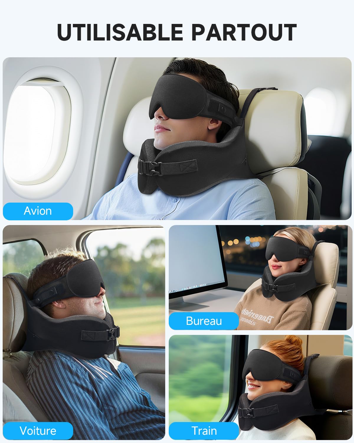 Umisleep Coussin de Voyage Mémoire pour Avion Support 360° Tête Cou, Noir | Coussin Cervical avec Masque 3D pour Longs Vols, Coussin Anti-Basculement pour Avion, Voiture et Train