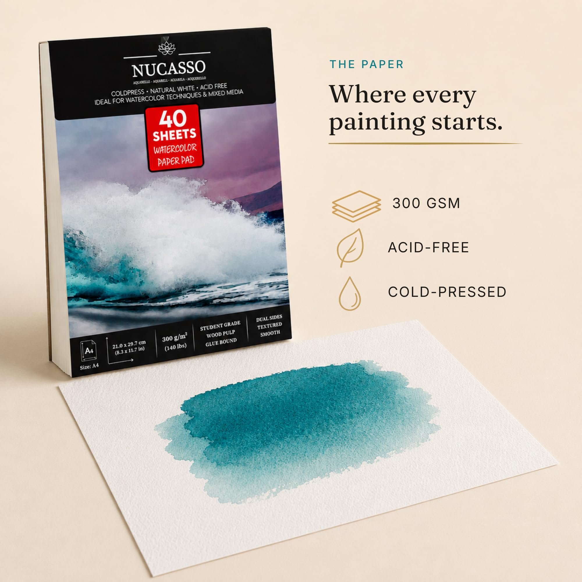 NUCASSO Aquarellpapierblock A4 x 30 Blatt – Naturweiß 300 g/m² Studentenqualität, kaltgepresst, klebegebunden, Aquarell-Skizzenbuch für nassen, trockenen und gemischten Medien