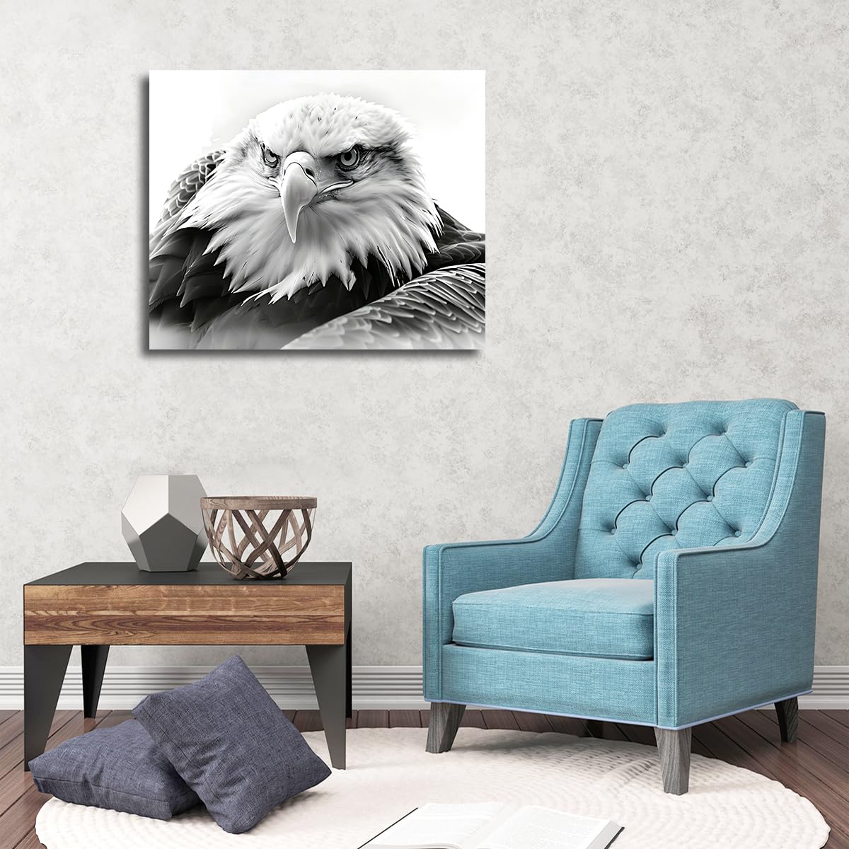 Via Vela Arte mural de lienzo de águila calva Murales de vida silvestre en blanco y negro Carteles de animales americanos Pintura para decoración del salón 60x80cm