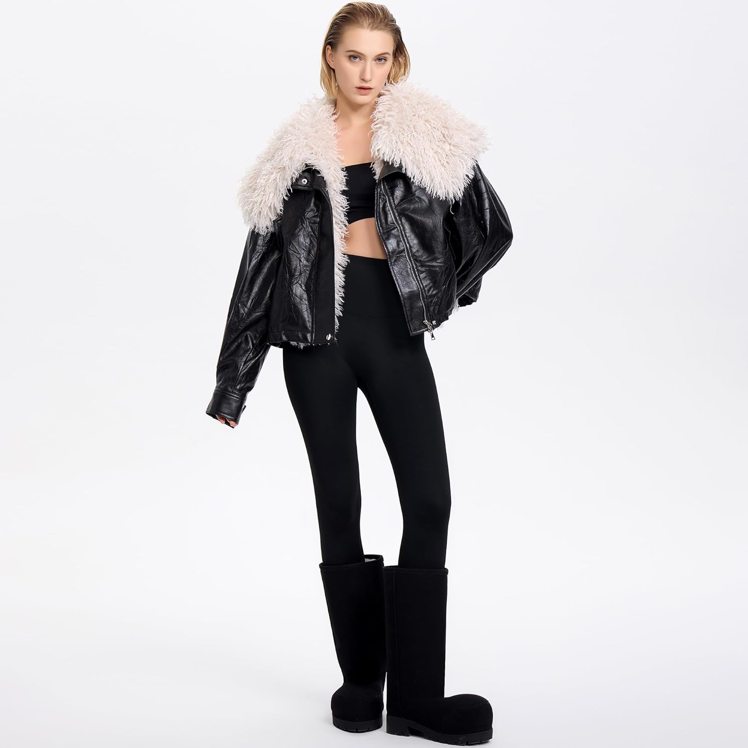 Faux Suede Platform Fuzzy Snow Boots Round Toe Hippy Winter Boots Slip On Knee High Chunky Heel Fur Tall Boots for Women - Image 5