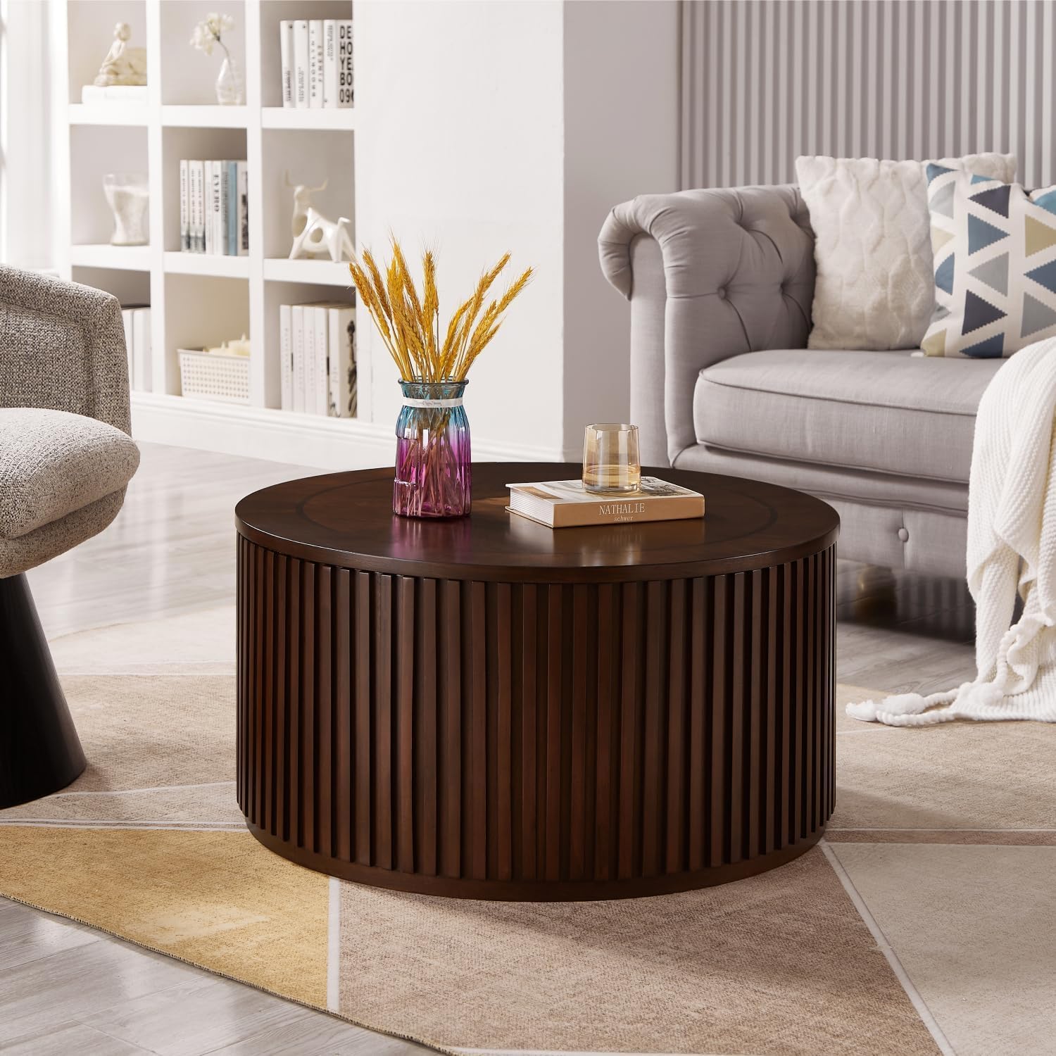 Round Lift Top Coffee Table with Storage, Wood Circle Center Table No Assembly Required with Large Hidden Compartment, Modern Drum Coffee Table for Living Room, Office (31"x31"x16")