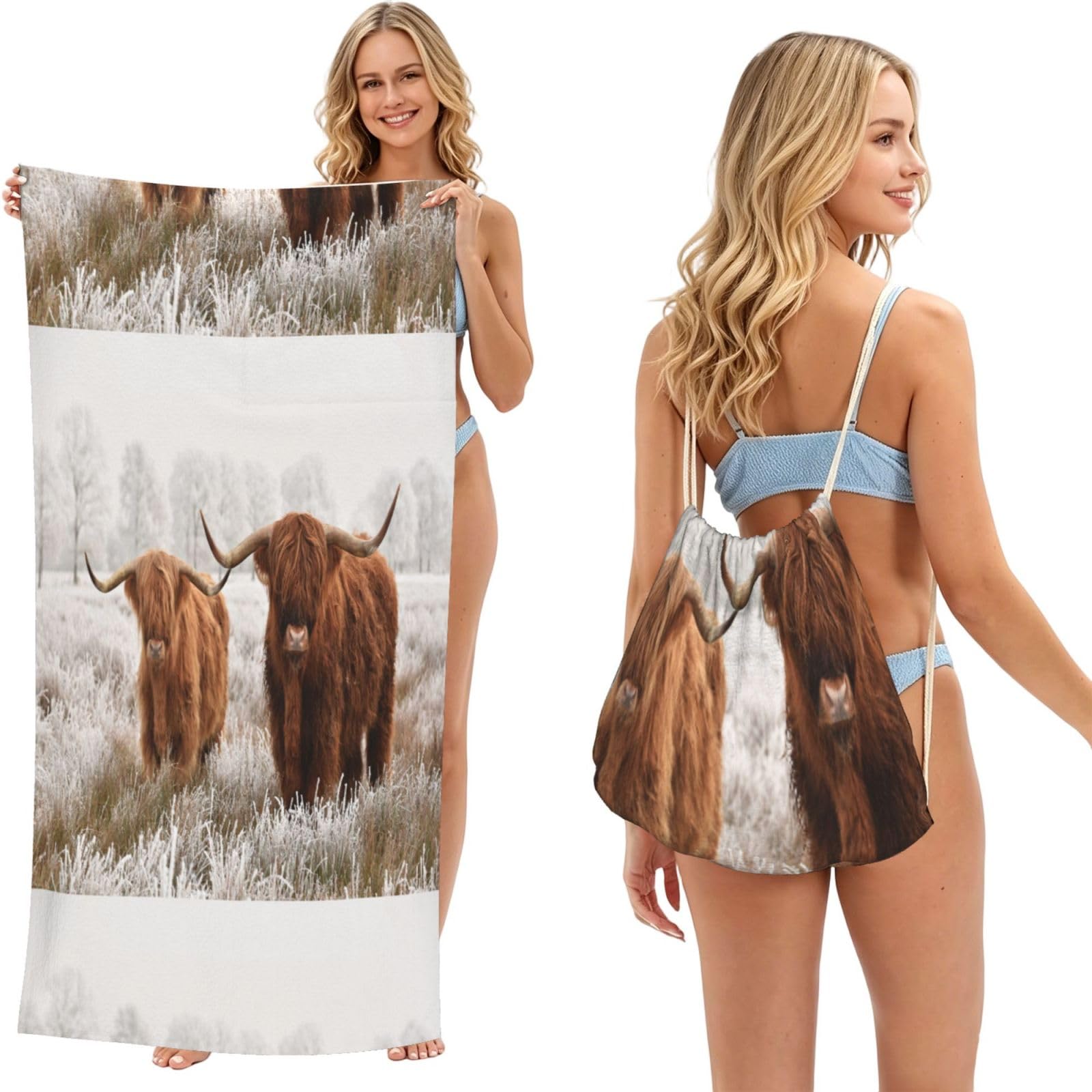 Poadnly As Picture Winter Snow Scottish Highland Cow, 2 In 1 Packable Towel Bag, Beach Towels With Drawstring Backpack For Travel Holiday Camping