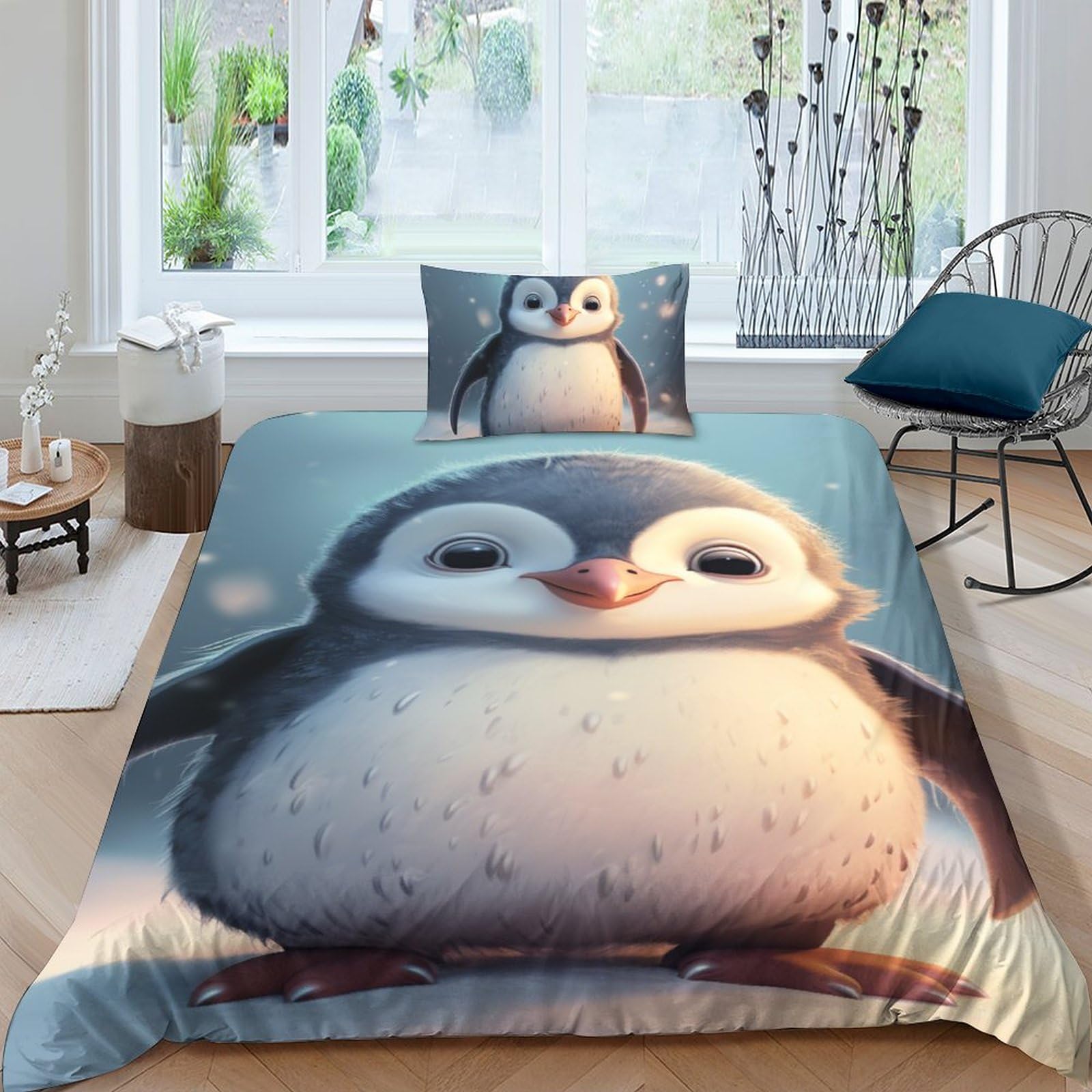 Housse de couette pingouin imprimé 3D avec 2 taies d'oreiller