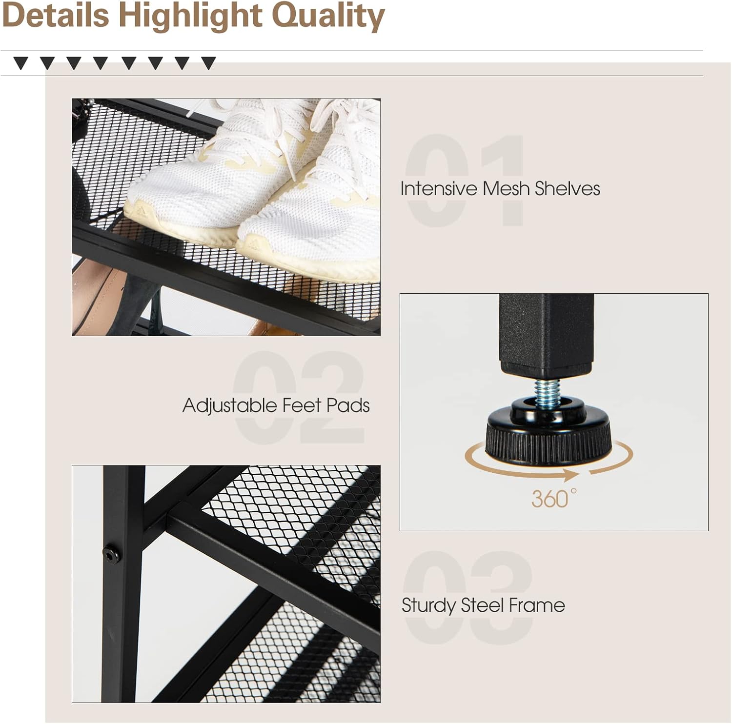COSTWAY Shoe Rack, 5-Tier Free Standing Shoe Storage Organizer with Wooden Top, 4 Metal Mesh Shelves for 16-20 Pairs Shoes, Adjustable Protecting Feet for Entryway, Hallway, Rustic Brown and Black