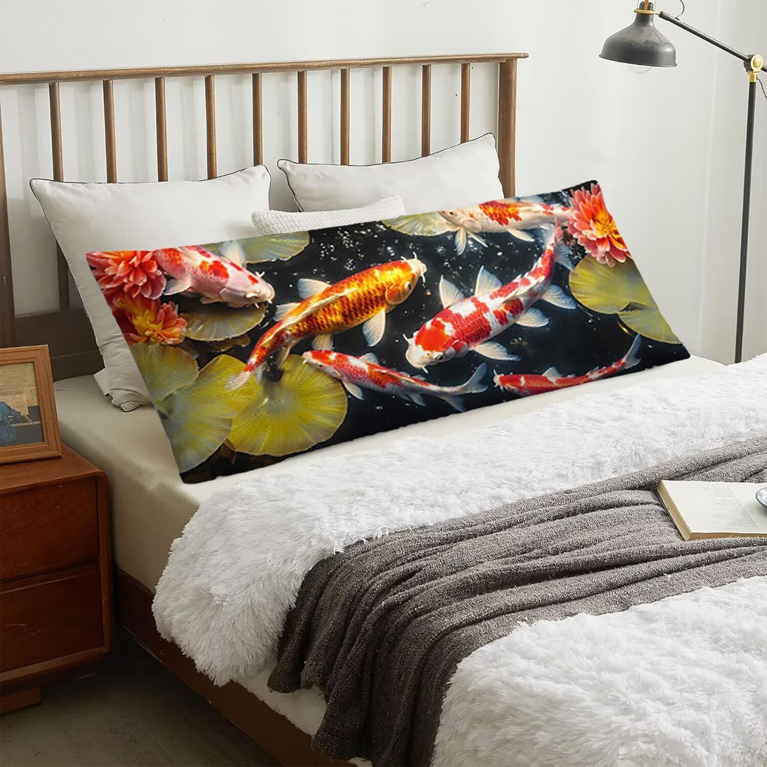 Poduszka do ciała 180 x 60 cm, zestaw 1 ryb Koi, poszewka na poduszkę na poduszkę Aksamitna sofa, Poduszka ciążowa Poduszka do spania z niewidocznym zamkiem błyskawicznym do salonu Dekoracja sypialni
