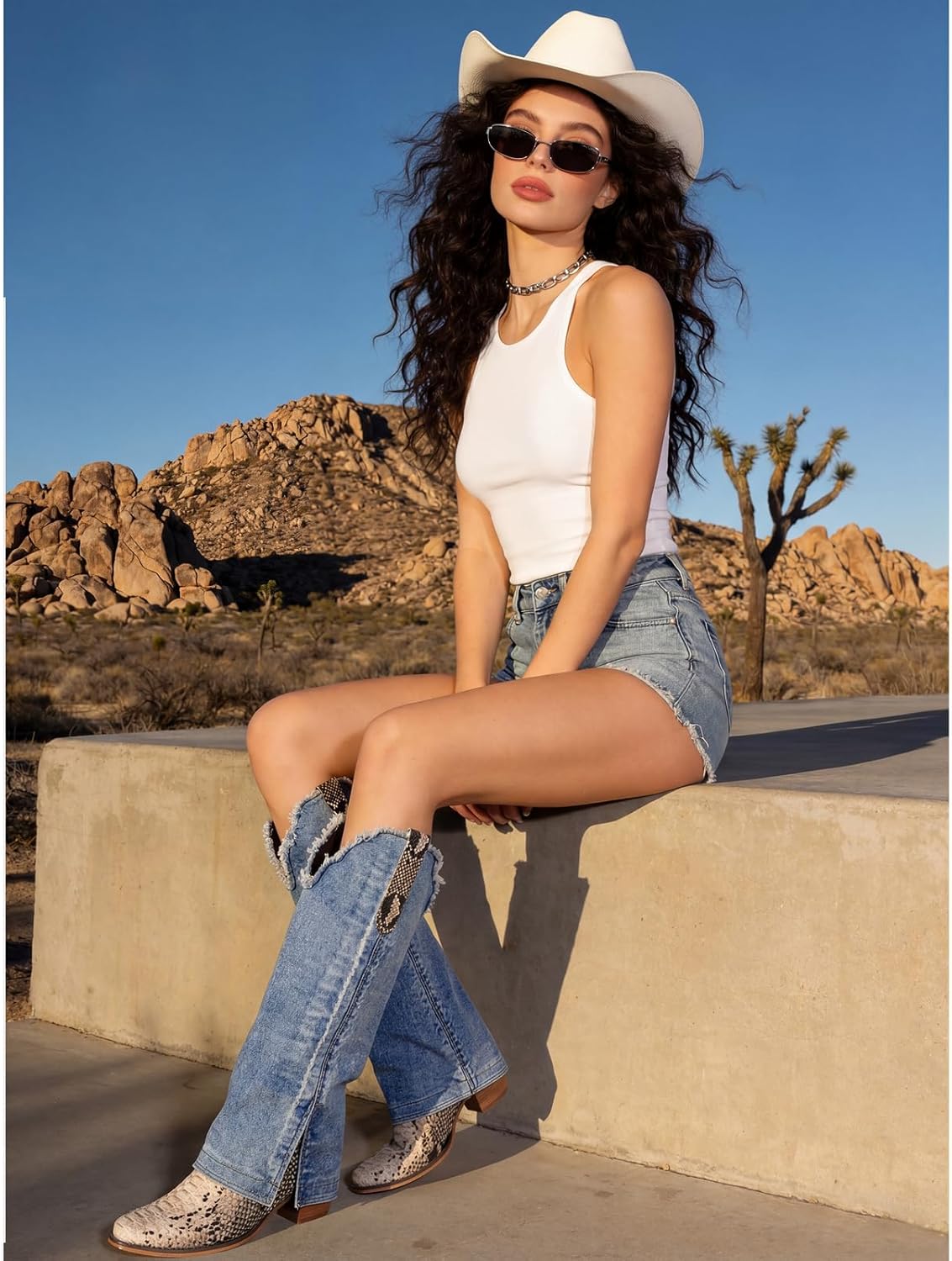 Betastella Womens Denim Knee High Cowboy Boots Snakeskin Cowgirl Boots Fold Over Chunky Heel Pointed Toe Western Boot