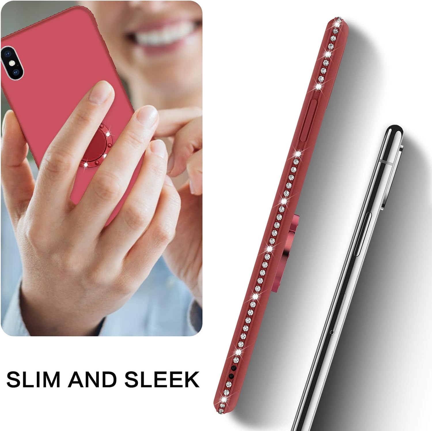 BENTOBEN iPhone Xs Case, iPhone X Phone Case, Slim Silicone | 360° Ring Holder Kickstand Soft Rubber Hybrid Hard Protection Shockproof Bumper Non-Slip Cute Girls Women iPhone XS/X/10 Cover, Rose Red