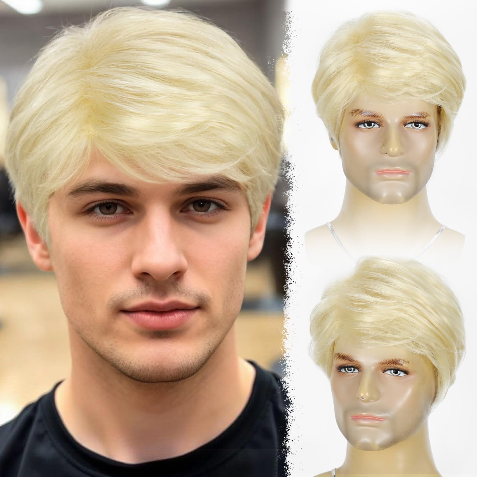 NEW Bag! 9x9 Men 100% Human Luxury Hair Straight Cosplay Costume Wig Black/Blond Amazon.com : Sallcks Mens Long Blonde Wig Long Straight Wig  main image 4