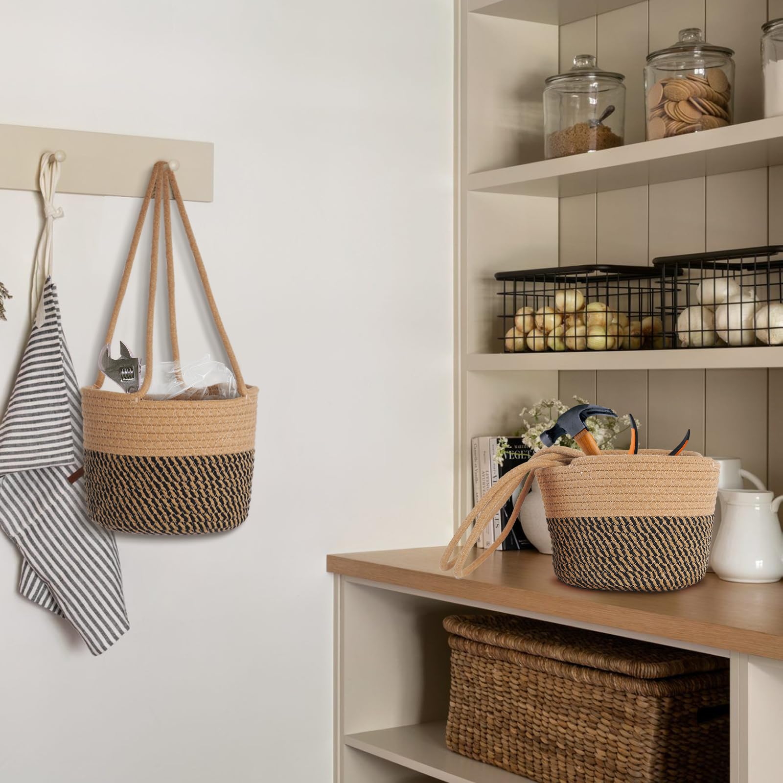 Paquete de 2 macetas colgantes de yute para plantas de ganchillo para interiores y exteriores, para decoración del hogar, macetas para hierbas, helechos, hiedra