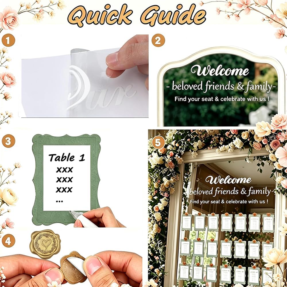 30 Pcs Rustic Wedding Seating Chart Kit with Seating Cards, Gold Eucalyptus Heart-Shaped Wax Seal Stickers and Mirror Decal, DIY Find Your Seat Sign for Farmhouse Barn Garden Wedding Reception