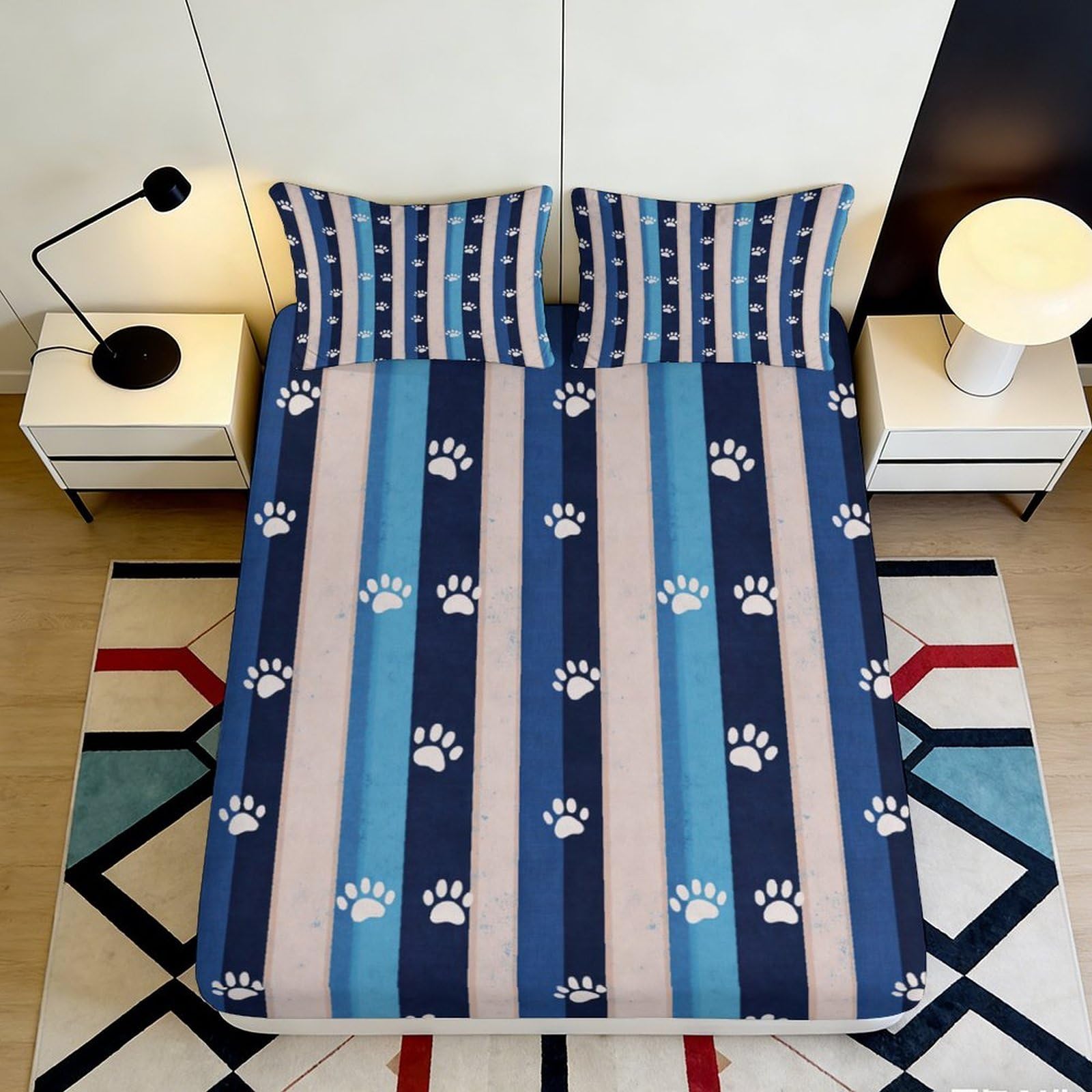 Pnayamiorkfel Style-7 3D Printed Blue Paw Stripe Fitted Sheet Microfiber Anti-Slip Easy Care Bed Sheet For Bedroom Guest Room Decor 90X200x25cm