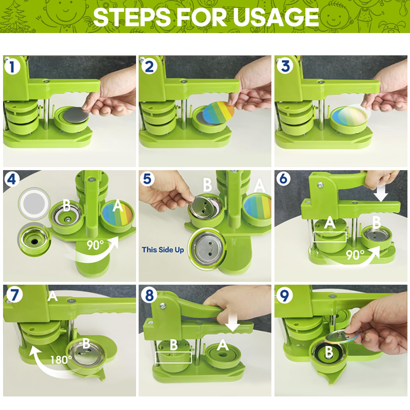 Button Maker, DIY Pin Maker Button Press Machine Met 100PCS Button Onderdelen Pin Book Circle Cutter Handig Handvat Voor Politieke Campagnes Sportevenementen(32mm