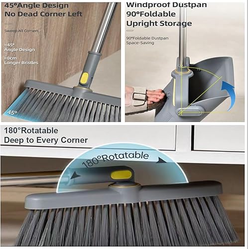Miniatura 2 de Houksouml Juego combinado familiar mejorado de escoba y recogedor, mango empalmado extralargo, adecuado para interiores y exteriores, oficina,