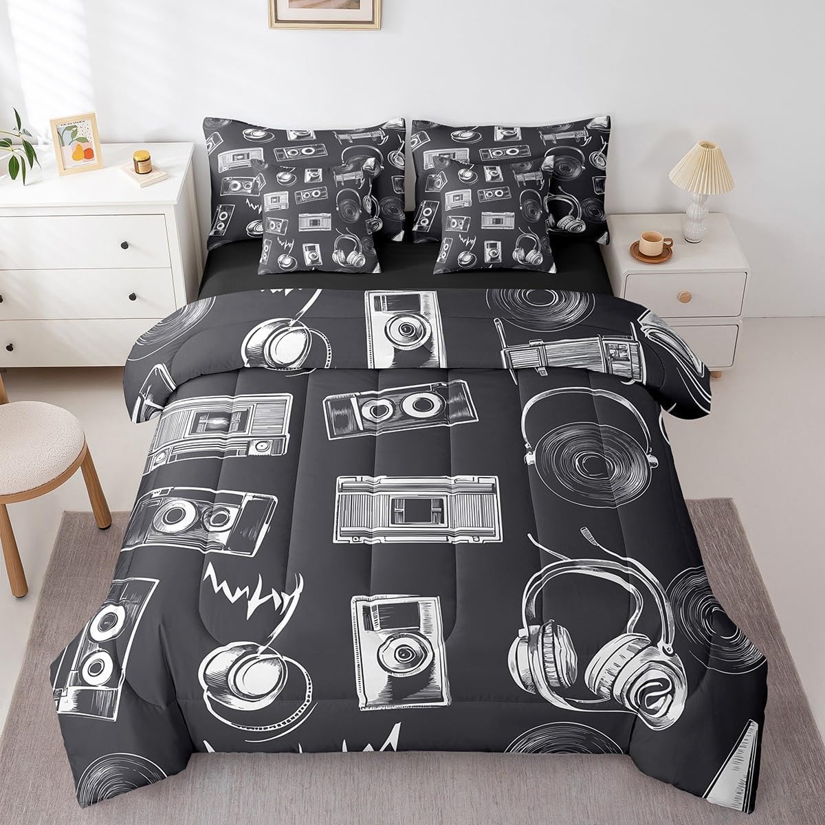 Erosebridal Music Themed 7 Piece Comforter Set Full Bed in a Bag,Headphones Headset Record Bedding Sets Sound Box Sheet Set with Comforter,Cd Loudspeaker Bed Set