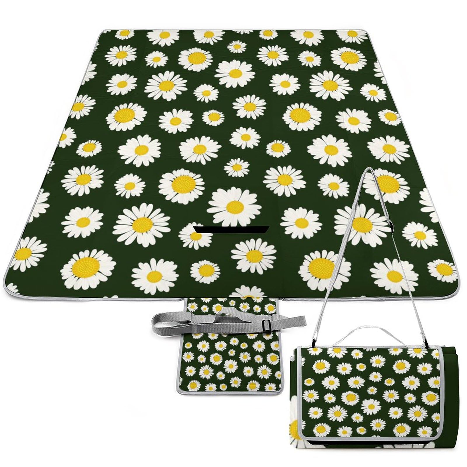 Ondaisies-Dark-Green-Print Picnic Blanket Waterproof Foldable, Large Outdoor Picnic Blanket Beach Blankets Camping Blanket Travel Mat, Shoulder Strap Tote, Rectangle 58x58in