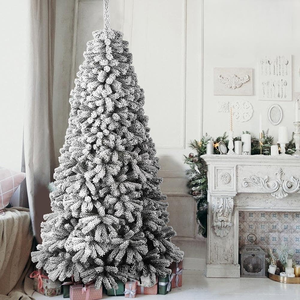 BAKAJI Árbol de Navidad Danubio Super Grueso Pino Verde Nevado Base Cruz de Hierro Plegable Ramas con Nieve Fácil Montaje Apertura Paraguas (180 cm)
