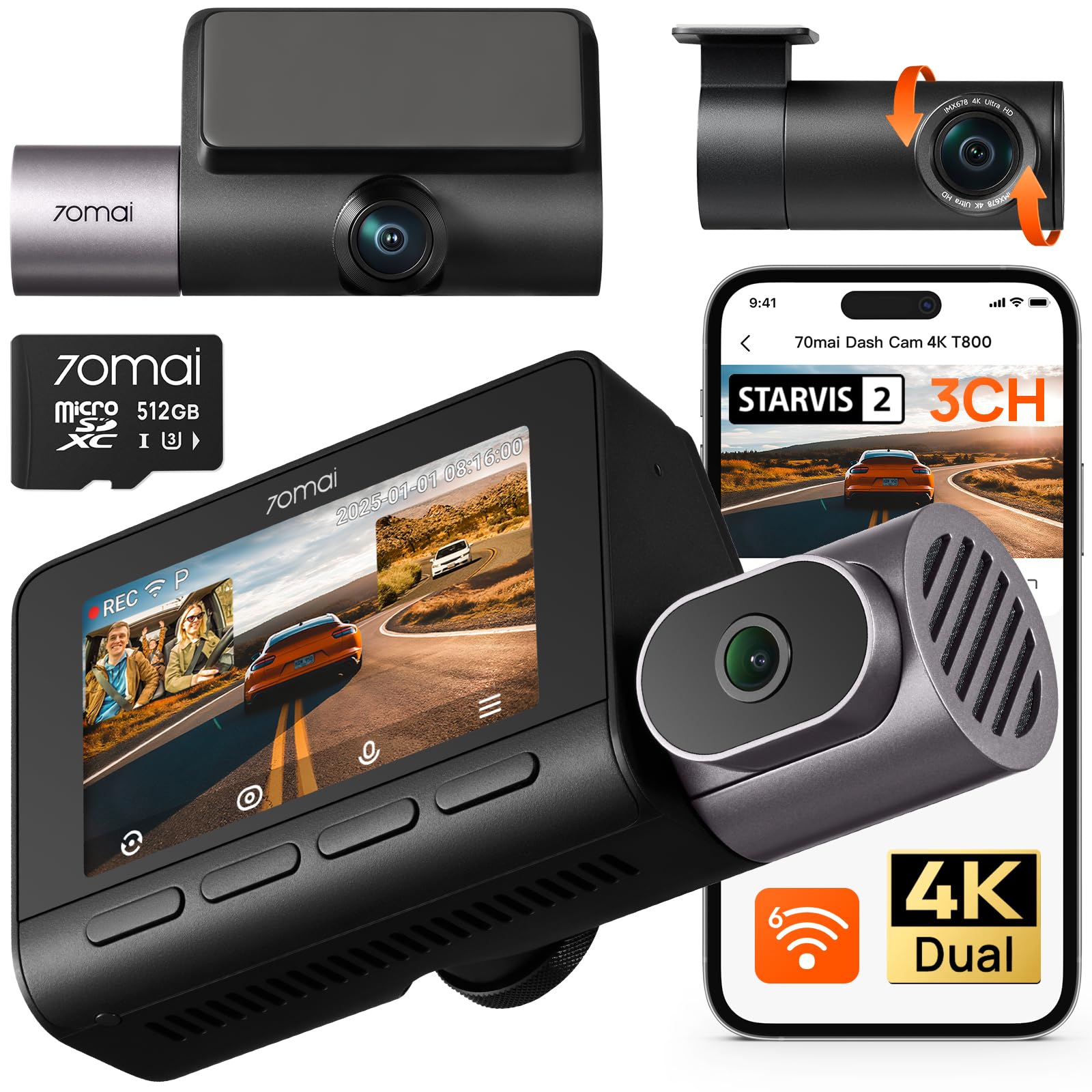 70mai 4K T800 3 Channel Dash Cam, Dash Cam Front and Rear Inside(2160P+2160P+1080P), STARVIS 2 IMX678, HDR Night Vision, Dash Camera for Cars with 512GB Card, WiFi 6, GPS, ADAS, 24H Parking Mode