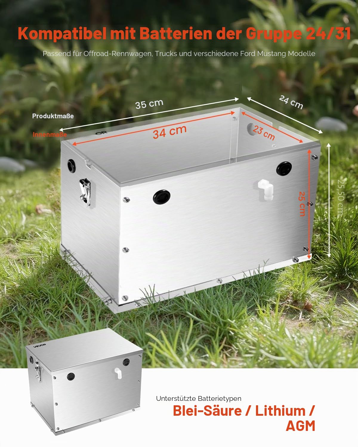VEVOR Batteriekasten, Gruppe 24/31, Batteriebox für Schiffsbatterien mit Griffen & Kabellöchern mit Gummitülle, Gehäuse aus Aluminiumlegierung, geeignet für Offroad-Rennwagen & LKWs