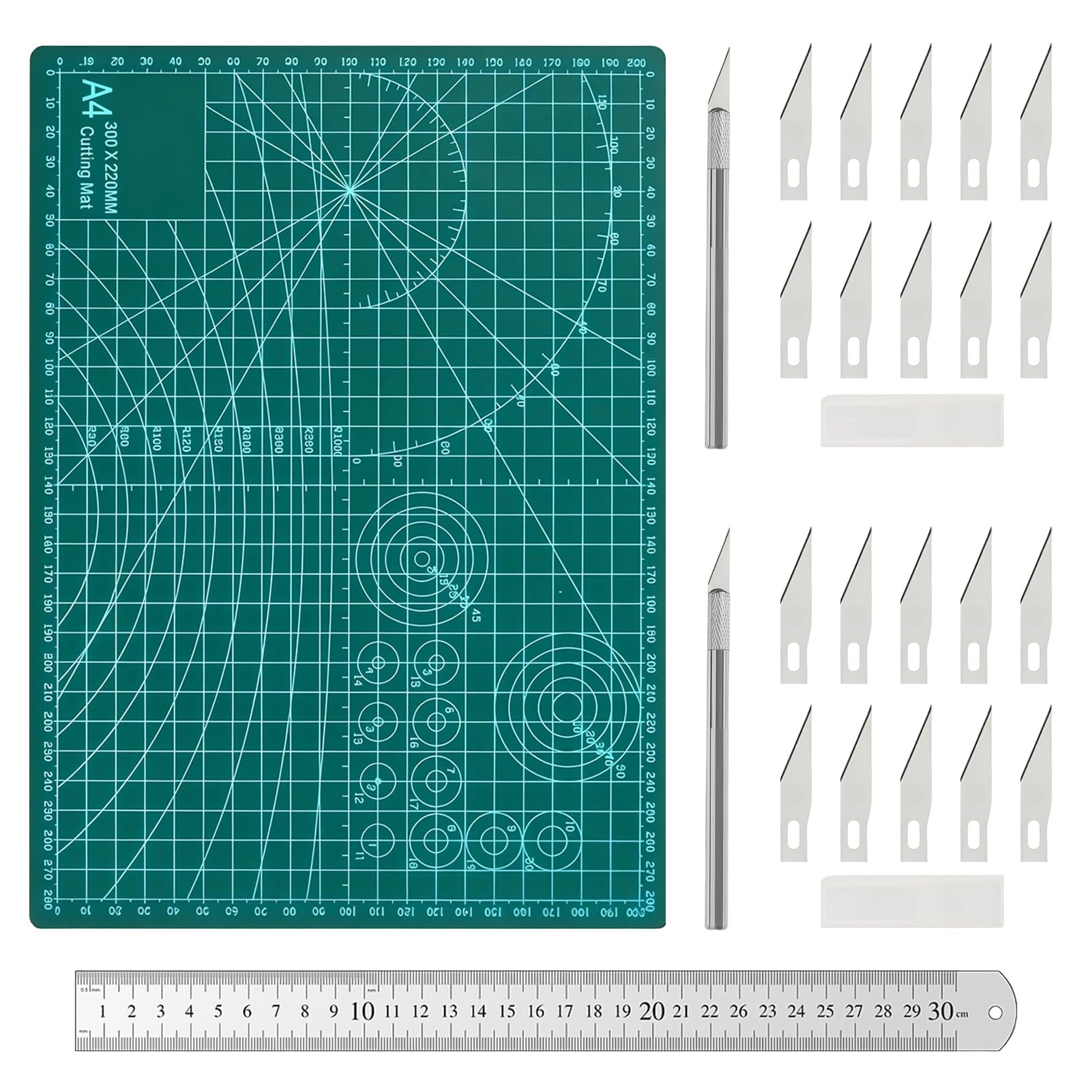 A4 Cutting Mat 24PCS Set, Self Healing Cutting Mat 3mm Thick PVC Craft Mat with Measurement Accessories, Double Sided Grid Craft Cutting Mat for DIY Sewing Drawing Model Work