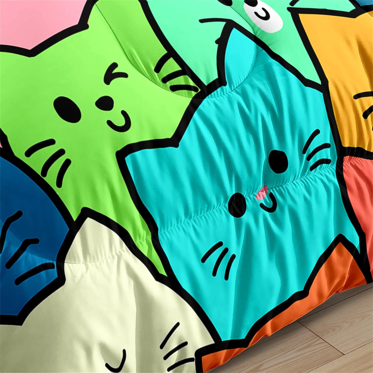 Cat Bedding Set Full Size - 3 Piece Cartoon Cat Comforter Set for Girls Boys Kids Bedroom Colorful Animals Print Home Bedding Decor for All Season Soft Warm 1 Cat Quilt Cover with 2 Pillowcases