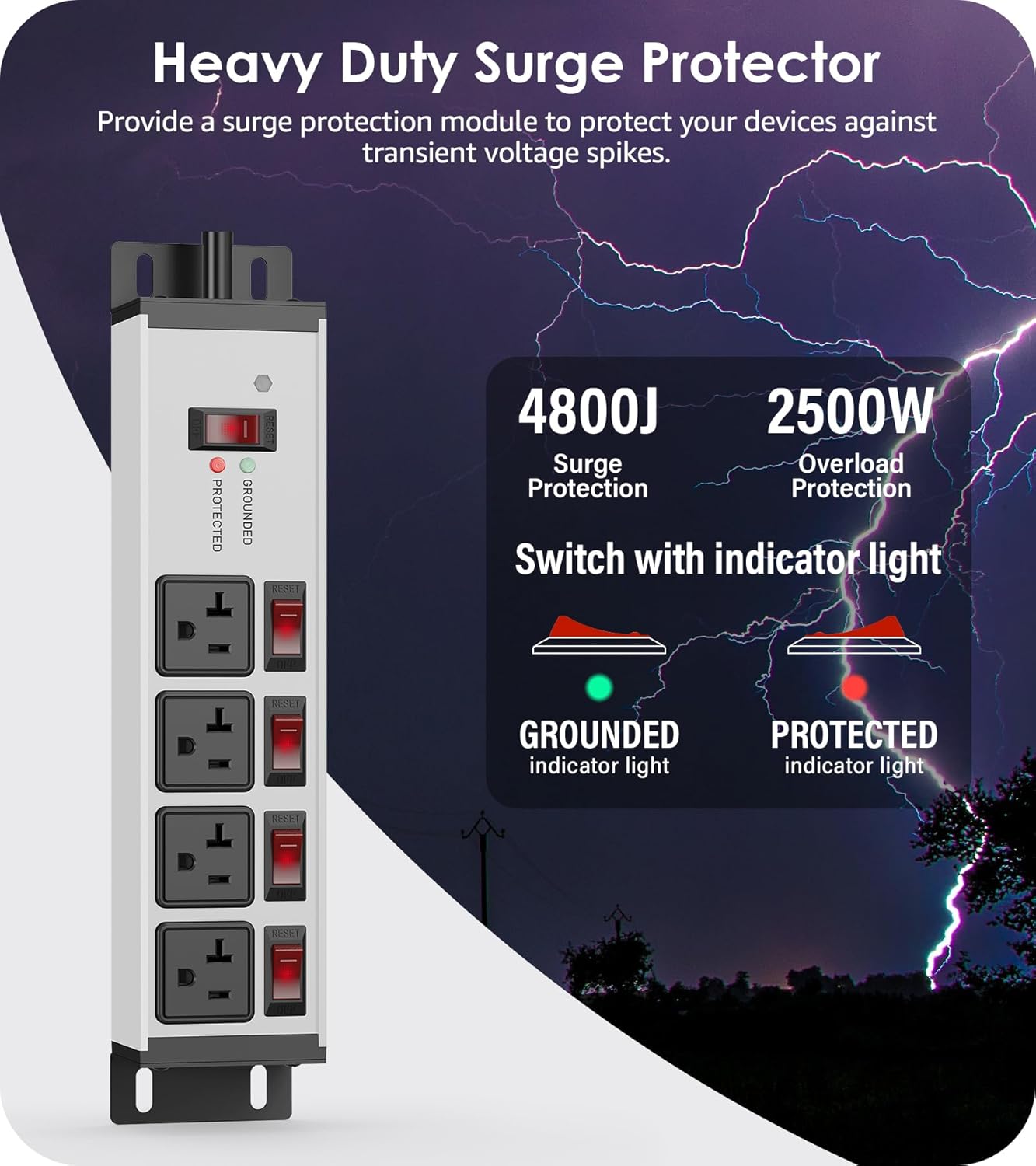 CCCEI Heavy Duty Surge Protector Power Strip 20 Amp Individual Switches. 4FT 12 Gauge Extension Cord with Multiple Outlets. Kitchen, Garage, Shop, Industrial Wall Mount Electric Extender, Grey.