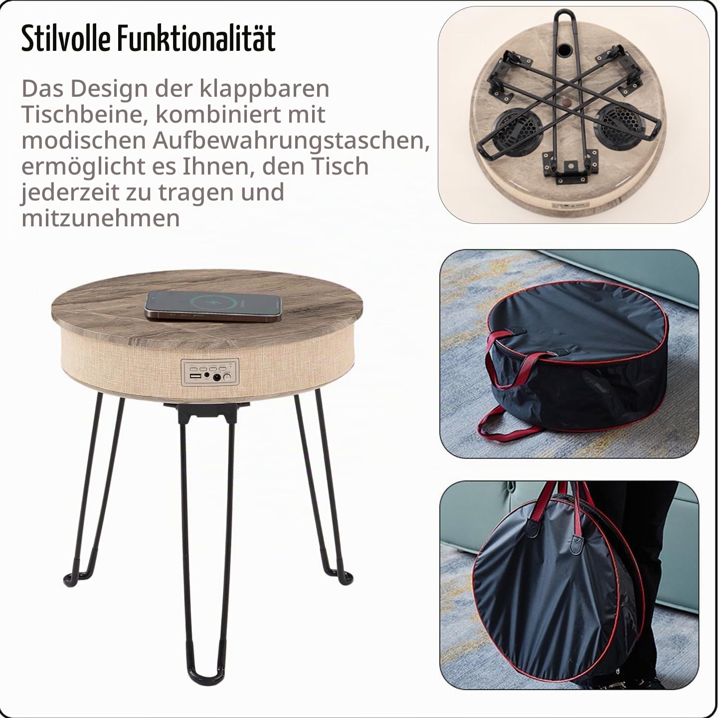Louis Donné LED Beistelltisch mit Bluetooth Lautsprecher, Klappbarer Edelstahl Tisch mit Sensor Nachtlicht, Wasserdichter Outdoor Tisch für Balkon, Garten & Wohnzimmer, Akku 6–8 Std., Khaki
