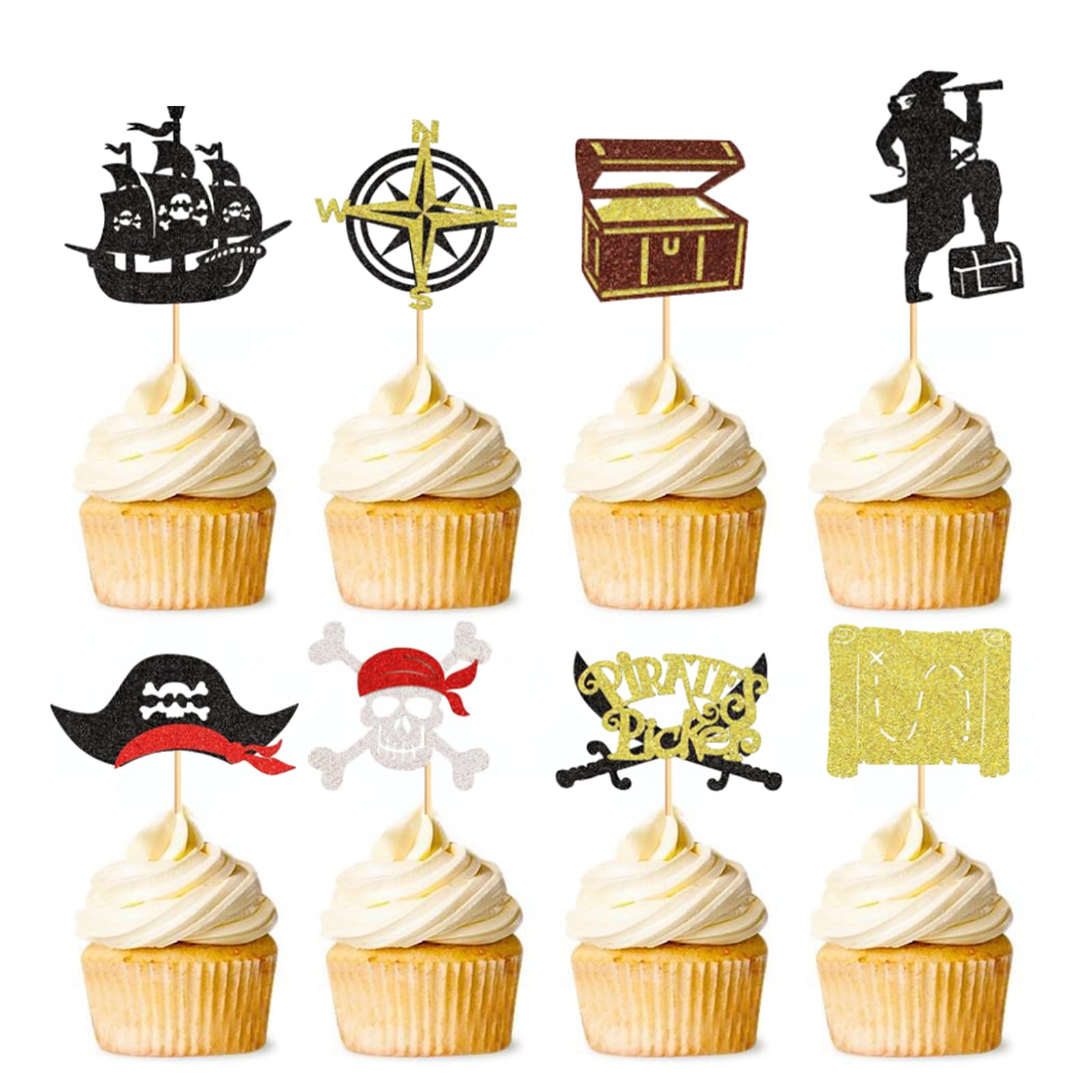 24Pcs Pirate Cupcake Toppers Nautical Sailing Rudder Treasure Chest Skull Cap Cake Toppers Decorations for Pirate Theme Party Happy Birthday Party Baby Shower Supplies