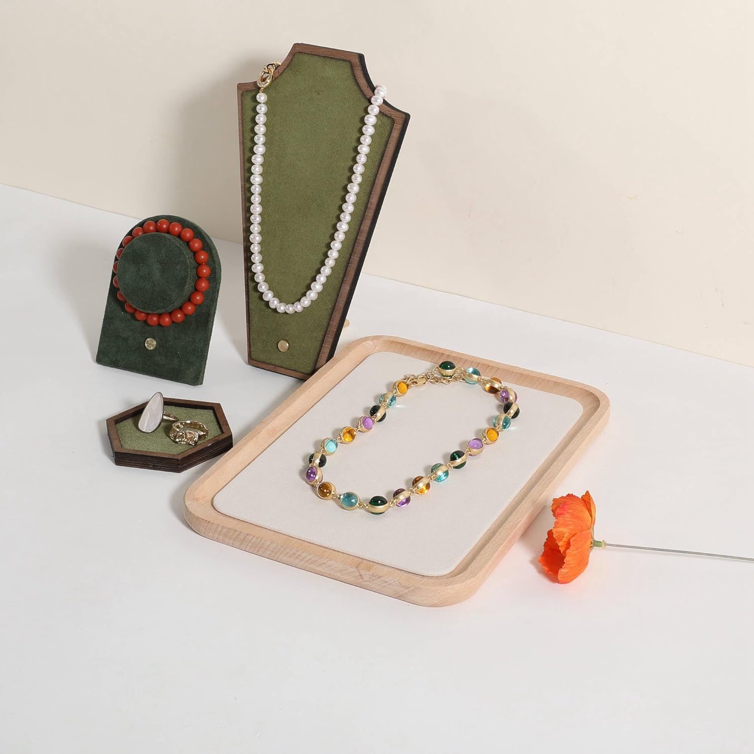 GemeShou velvet Jewelry organizer tray, Beech wood Jewelry Display Plate, Beige Jewelry Viewing Tray, Jewelry showcase tray for Necklace Bracelet Ring Earring stand holder (Cream-Large, 9.8x 7.1 in)