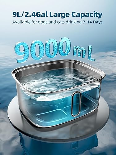 Miniatura 2 de Fuente de agua para perros grandes, fuente de acero inoxidable de 9 l2.4 galones con ventana de nivel de agua y filtración, dispensador automático