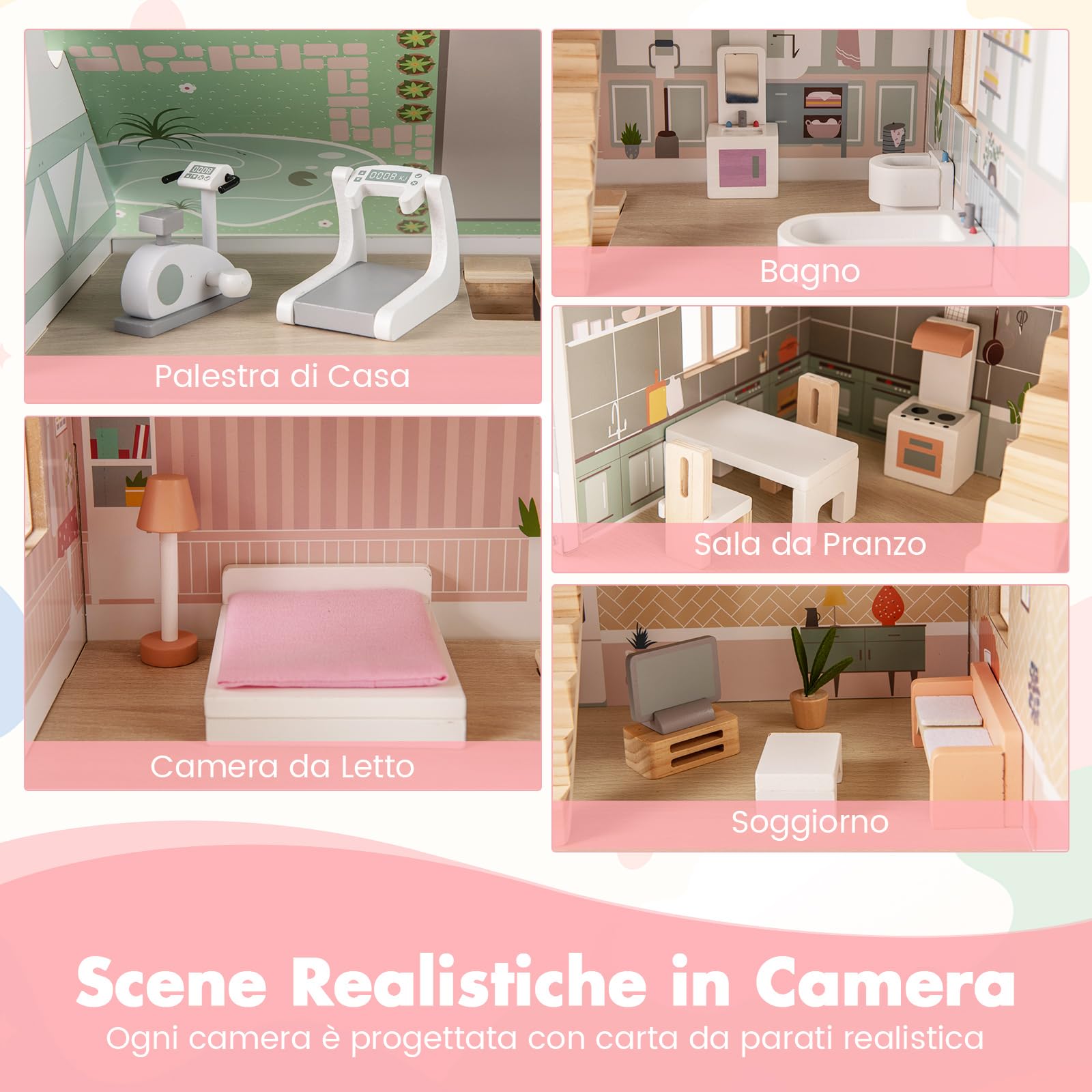 RELAX4LIFE Casa delle Bambole in Legno per Bambini con 3 Livelli, 5 Stanze，Balcone, Tetto Bicolore, Pannello Anteriore Aprile,55 x 33,5 x 66 cm, Rosa