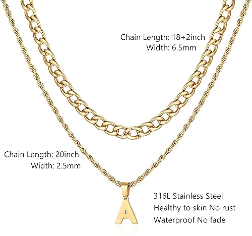 Miniatura 10 de SENRAN Collar con inicial en capas de la A a la Z para hombre, cadena de cuerda torcida de acero inoxidable de 18 a 20 pulgadas, dije de letra