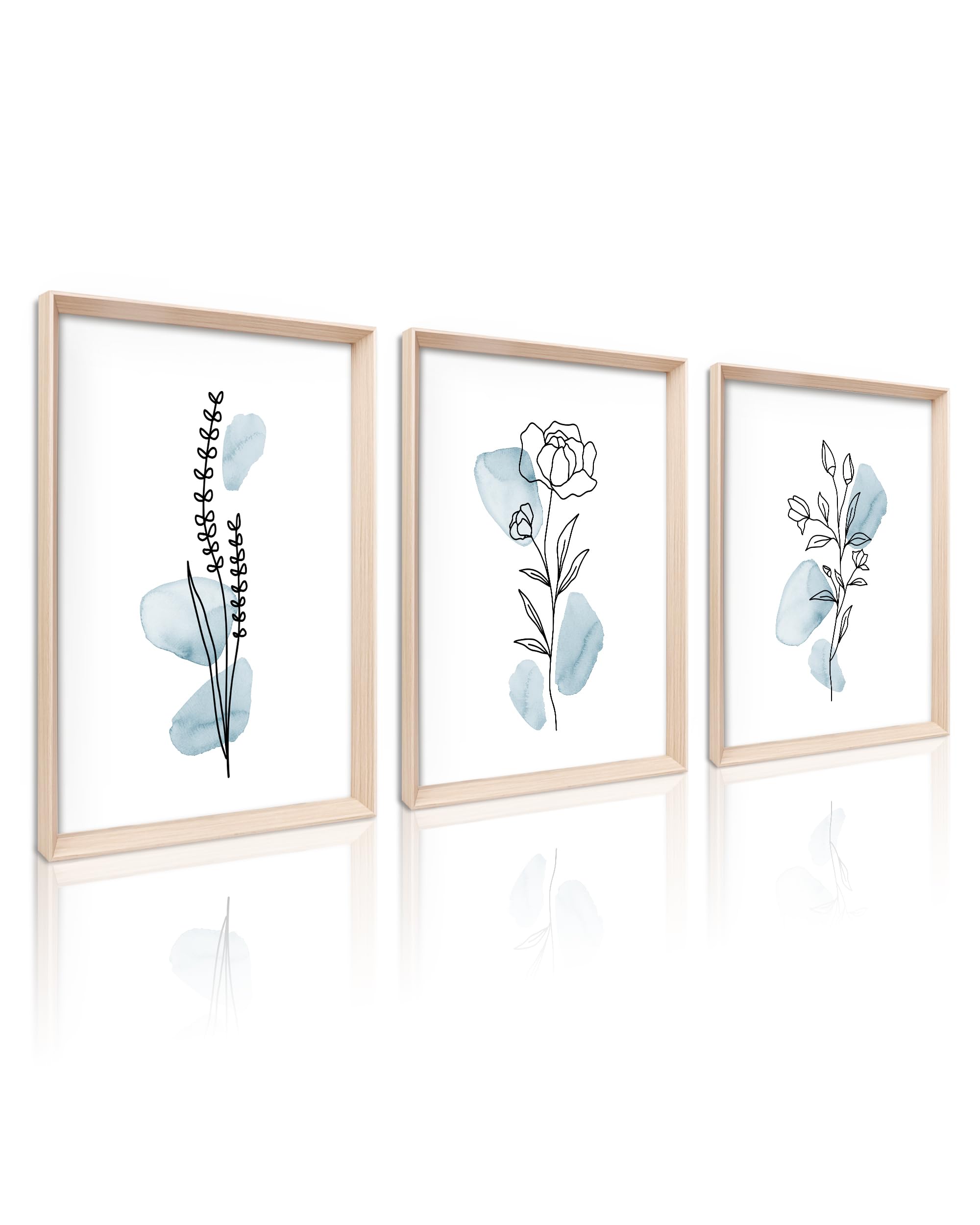 HesenDot Framed Blue Floral Canvas Wall Art,Minimalist Botanical Wall Art Decor,12x16IN Wood High Framed Prints,Boho Flowers Artworks Prints Posters for Living Room,Kitchen,Bedroom Set of 3 Framed Floral Wall Art 16"L x 12"W