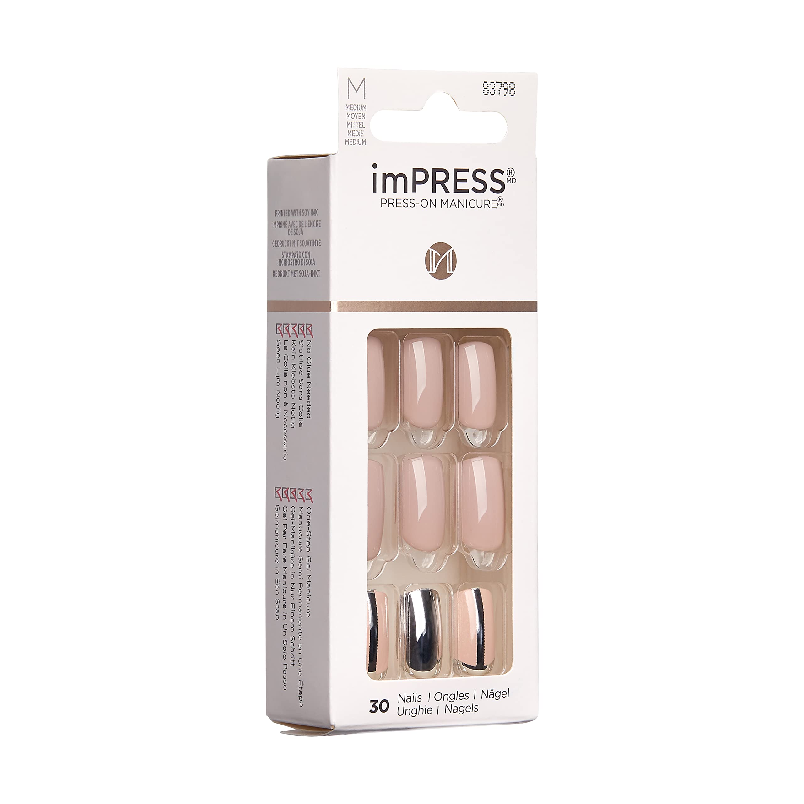 KISS imPRESS Manicure, Cloudy, sztuczne paznokcie samoprzylepne, kwadratowe, krótkie, z technologią PureFit, 30 sztucznych paznokci, mini pilnik, patyczek do skórek, instrukcja