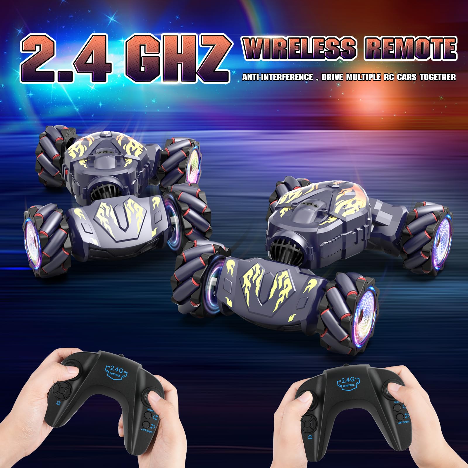 Nitigo Coche Teledirigido para Niños, Coche Acrobático Telecomandado 4x4 con Música Spray y Luces, Coche RC Drift RC Car con la Mano Rotación 360°, Regalo Juguetes Niño Niña 5 6 7 8 9 10 11 Años