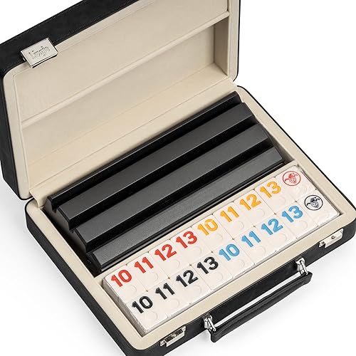 Miniatura 8 de Juego de Rummy, 2 a 4 jugadores con 106 fichas y 4 bastidores, juego de viaje Rummy con funda de piel sintética, divertidos juegos de mesa clásicos