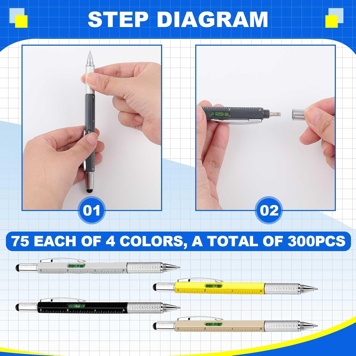 Zhanmai 300 Pcs Gift Multi-tool Pen Bulk 6 in 1 Multifunction Tactical Pen with Screwdriver Gadgets Ruler Level Gauge for Men, Unique Birthday Gifts for Men (Gold,Black,Silver,Yellow)