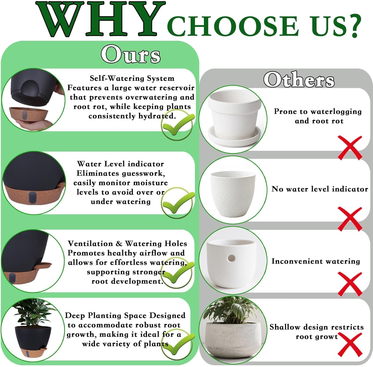 HEJIYUE Large Plant Pot, Self Watering Pots for Indoor Plants, 8/10/12 Inch Plastic Planters with Water Level Indicator, Drainage Holes & Deep Reservoir, Modern Decorative Flower Pot (Black)