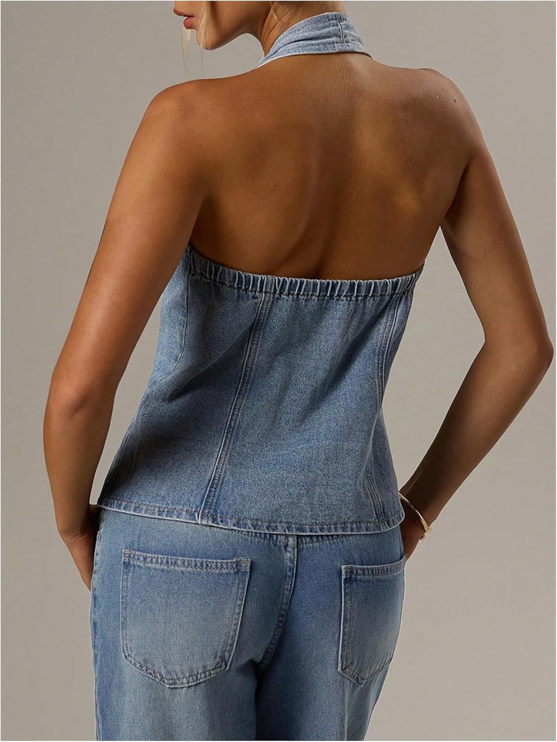 SweatyRocks Women's Denim Top Halter Neck Backless Jean Vest Tops Button Up Waistcoat - Image 2