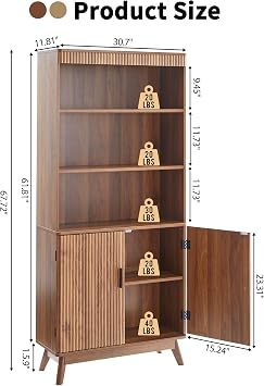 68 Fluted Tall Bookcase with Storage Cabinet,Mid-Century Modern 5-Tiers Arched Bookshelf Cabinet with Doors, Arched Bookcase with Open Display Storage Shelf for Home Office Bedroom Living Room,Walnut