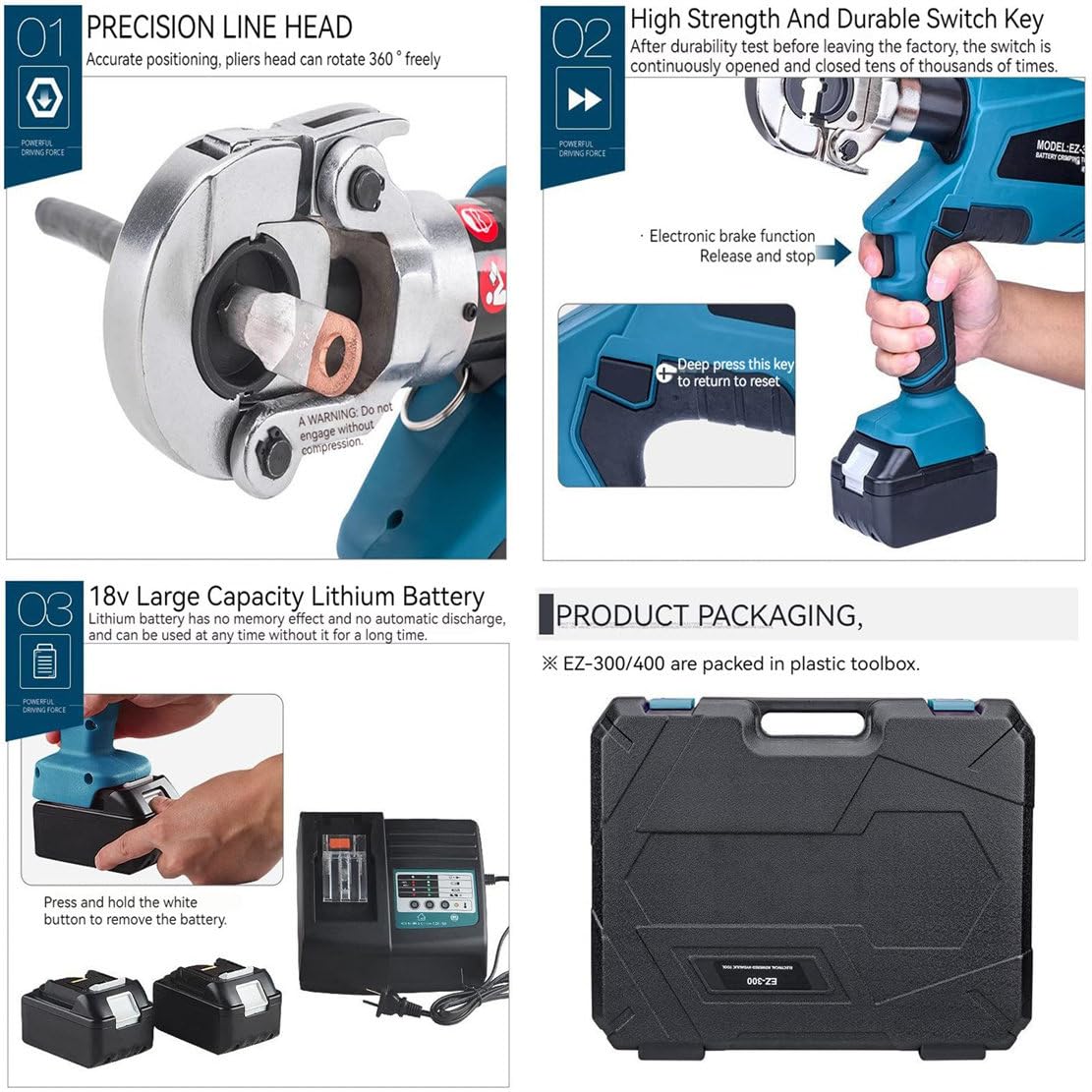 Pinza A Crimpare Idraulica Elettrica, Pinza Per Capicorda Idraulica, Pinza Per Crimpare Cavi Da 16-300 Mm² Con Batteria Da 4,0 Ah, Connettori Per Cavi Elettrici A 360° 11 Paia Di Matrici,EZ-400