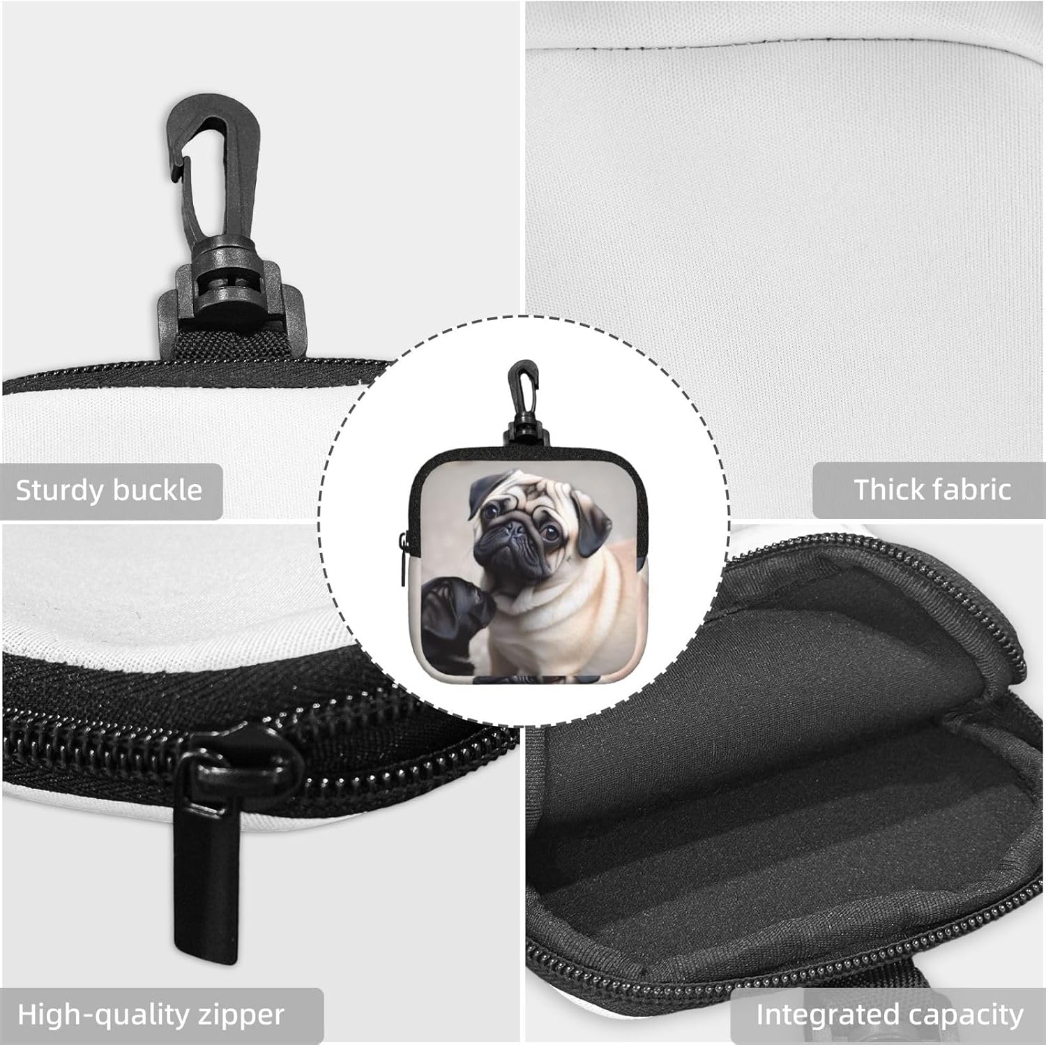 Small Neoprene Pouch, Mini Portable Makeup Bag With Carabiner Keychain Waterproof Travel Coin Purse Storage Bag Cute Pet Pug Clutch Cosmetic Organizer For Women image 4