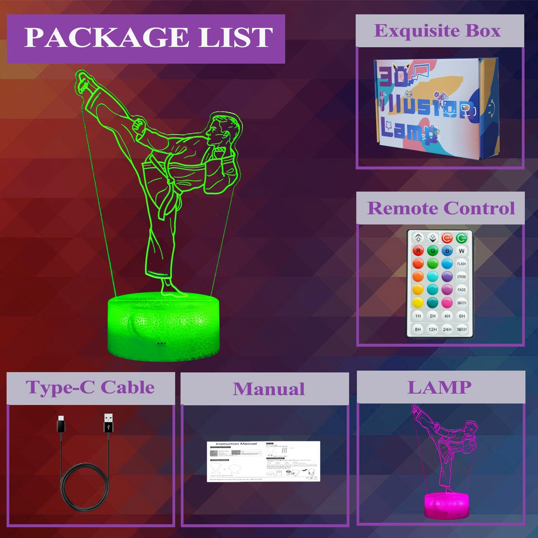 Luce notturna per karate, regali per karate, lampada a illusione 3D di Taekwondo con 16 colori cangianti, telecomando e timer dimmerabile, decorazione per la camera di bambini e bambine