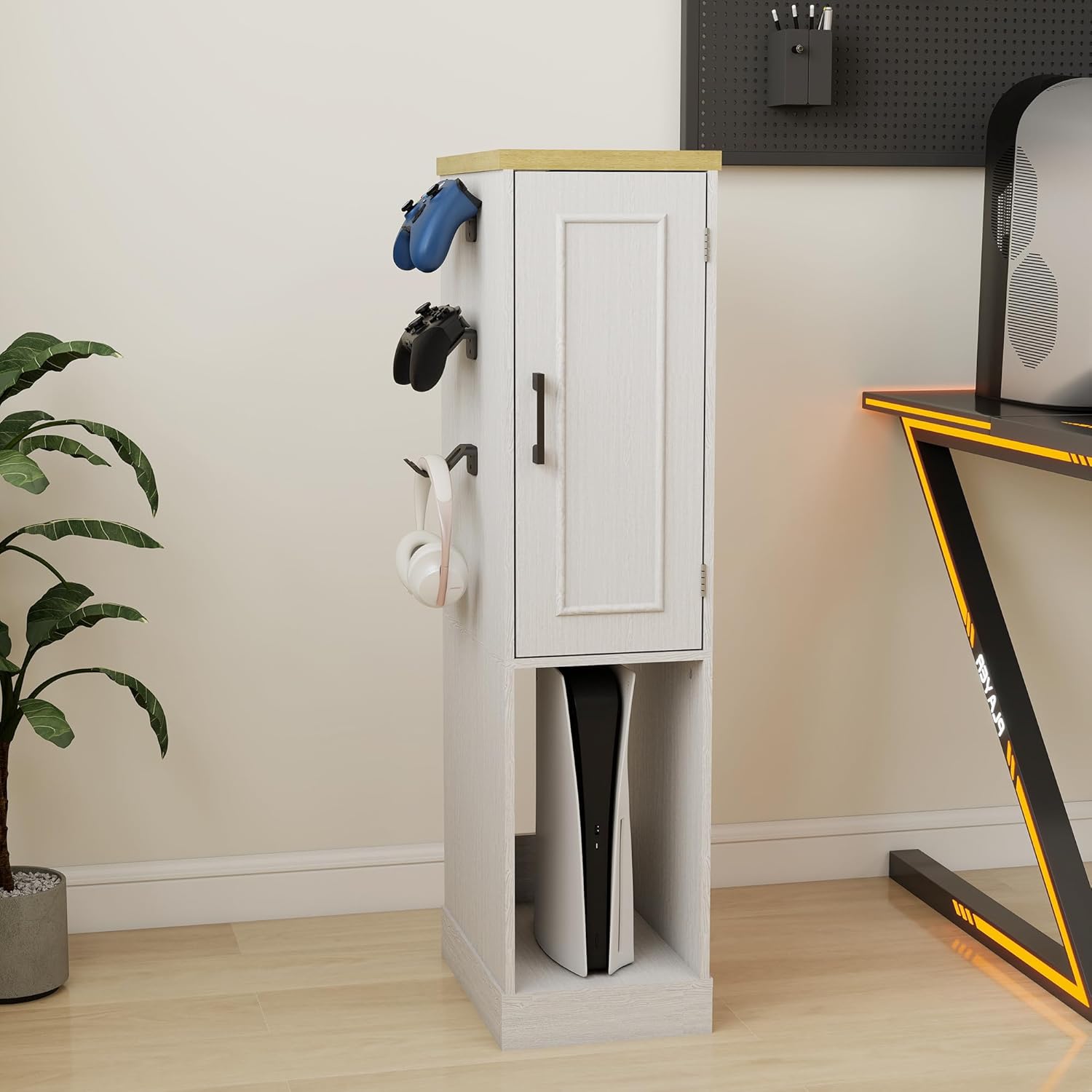 RASOO Media Cabinet, AV Media Stand Game Console Stand with Drawers Inside Media Audio Tower Rack with Hooks，Game Storage Cabinet for PS5 and Xbox